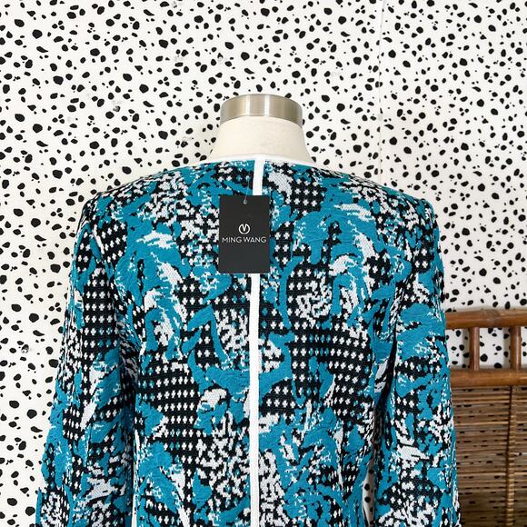 NEW Ming Wang | Blue Knit Black White 3/4 Sleeve Cardigan Work Jacket XS NWT - Picture 6 of 9